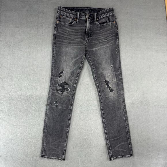 American Eagle Jeans Mens Tag 29x32 Fits 28x28.5 Slim Straight Distressed Black - Picture 1 of 11